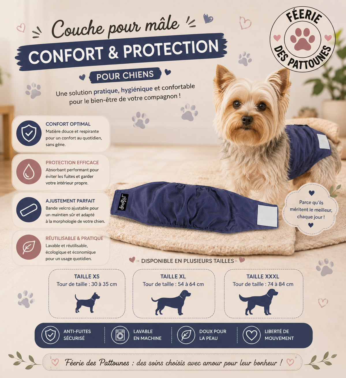 🐾 Couche pour Mâle – Bleu Marine (Lavable & Réutilisable)