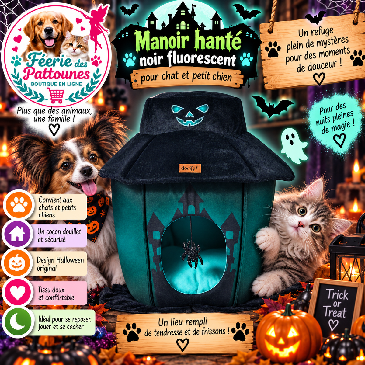 🏚️✨ Manoir Hanté Noir Fluorescent pour Chat – 40 × 50 cm