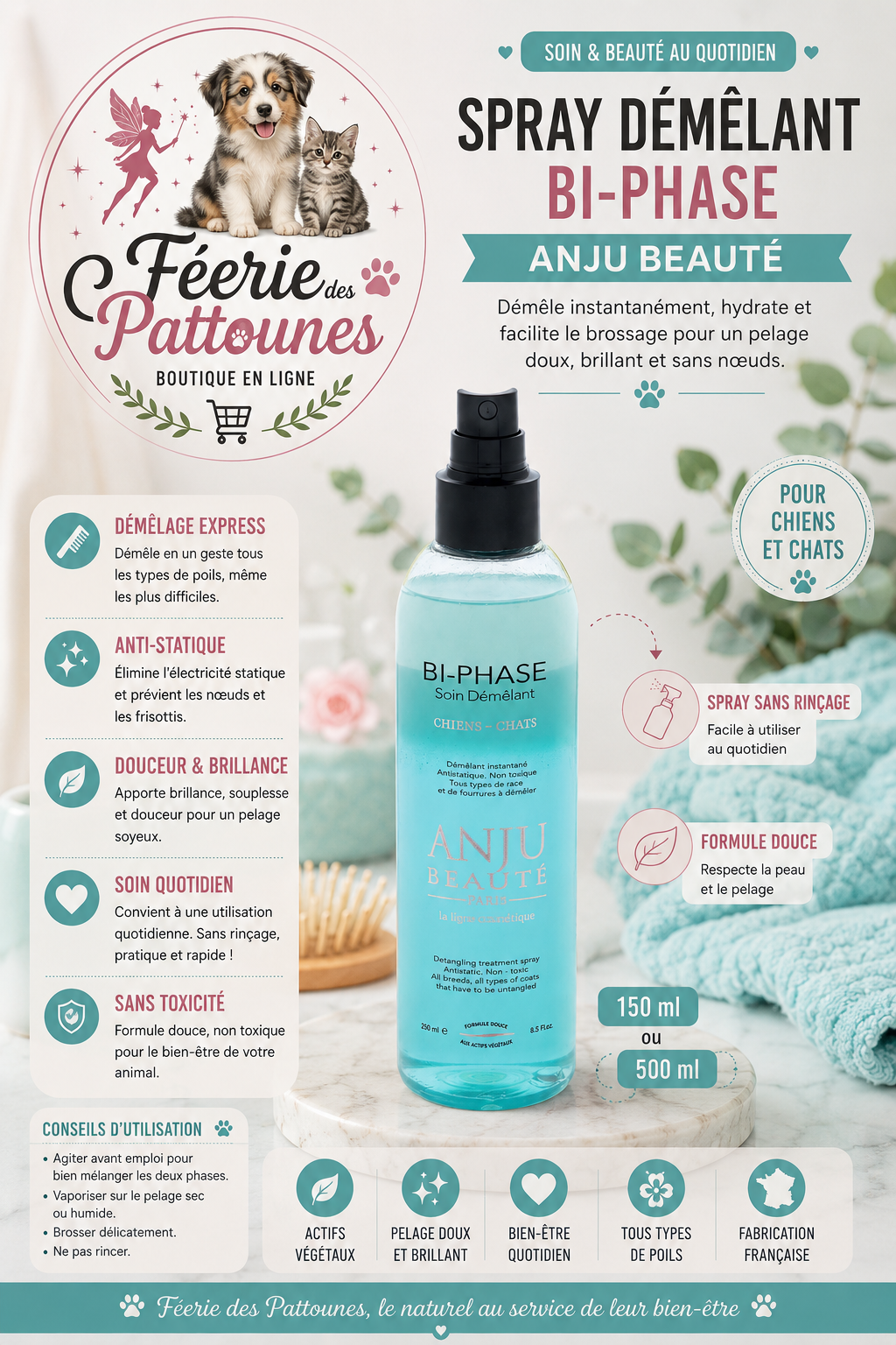 ✨ Spray Démêlant Bi‑Phase – Anju Beauté (150 ml • 500 ml)