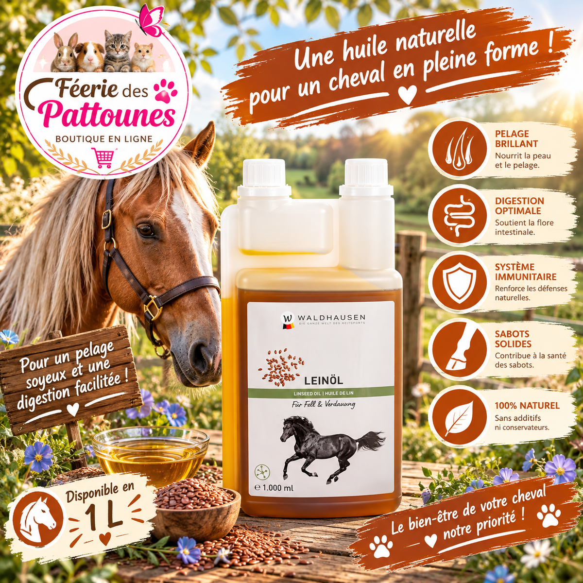 🌾🐴 Waldhausen – Huile de Lin pour Chevaux (1 L)