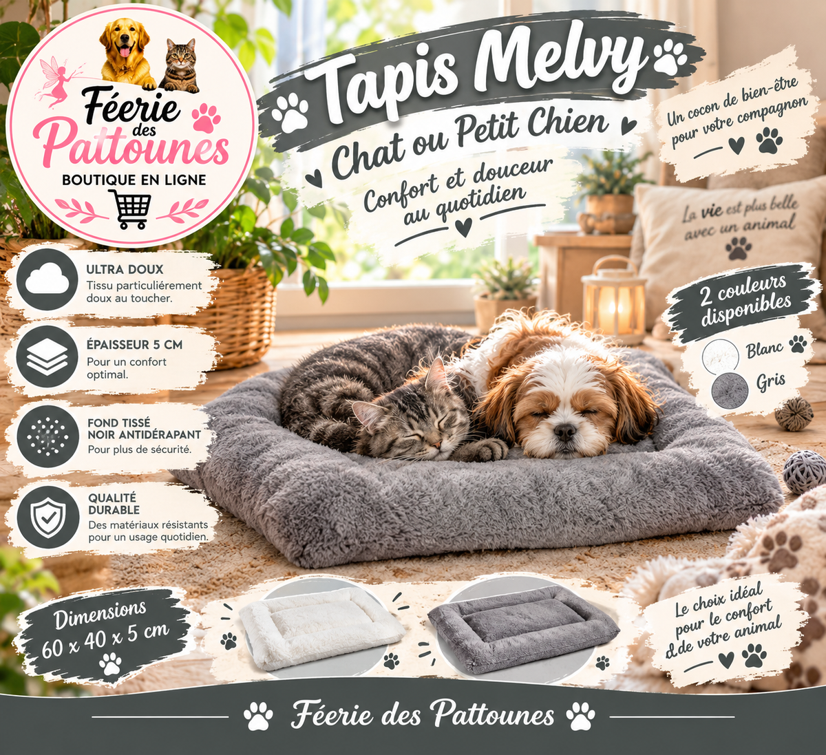 🐾🛏️ Tapis Melvy – Chat & Petit Chien (Blanc ou Gris)