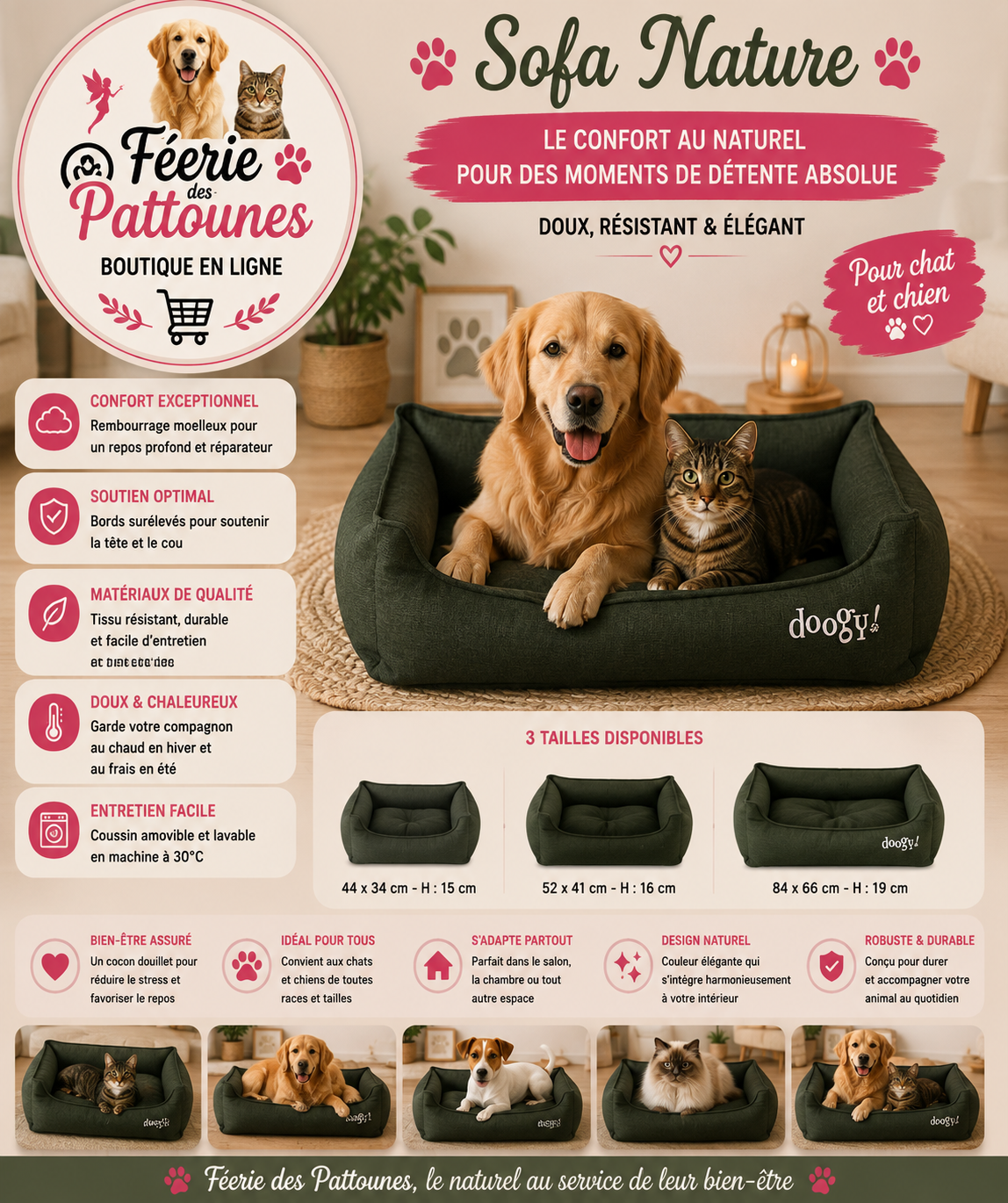 🌿🐾 Sofa Nature – Vert Foncé (3 tailles)