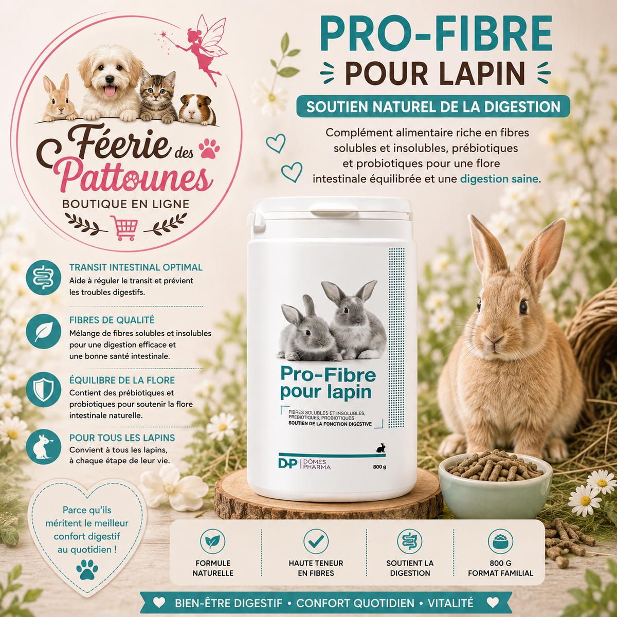 🌿🐇 Pro‑Fibre – Complément Digestif au Pissenlit – Lapin – 800 g