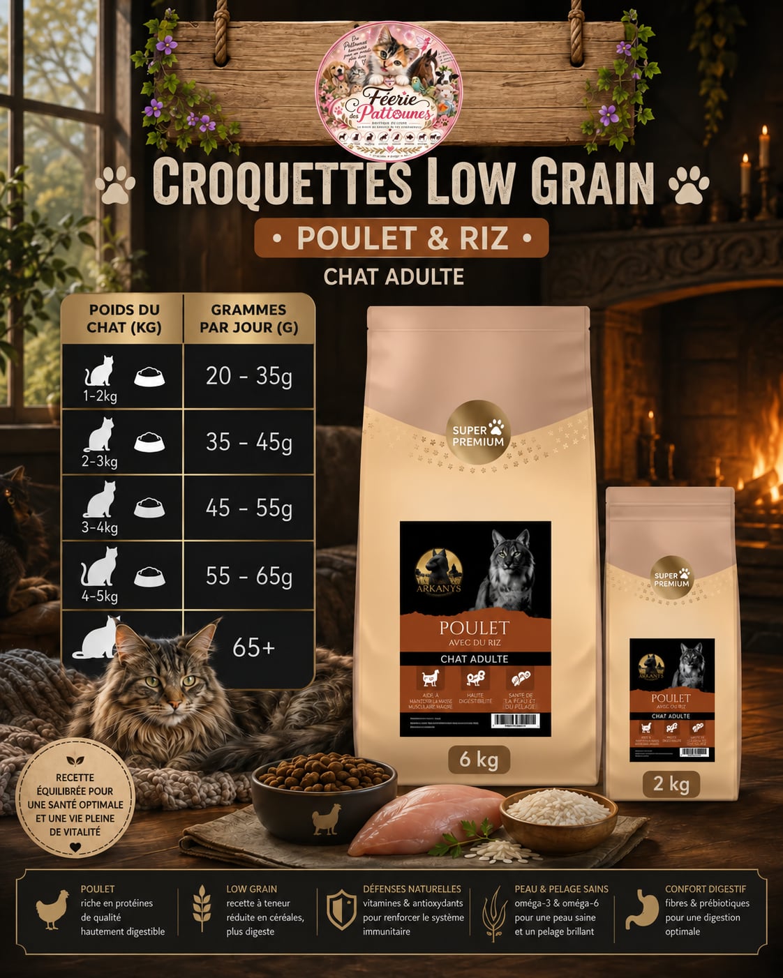 🐱 Croquettes Chat Adulte Low Grain – Poulet & Riz (2 kg / 6 kg)