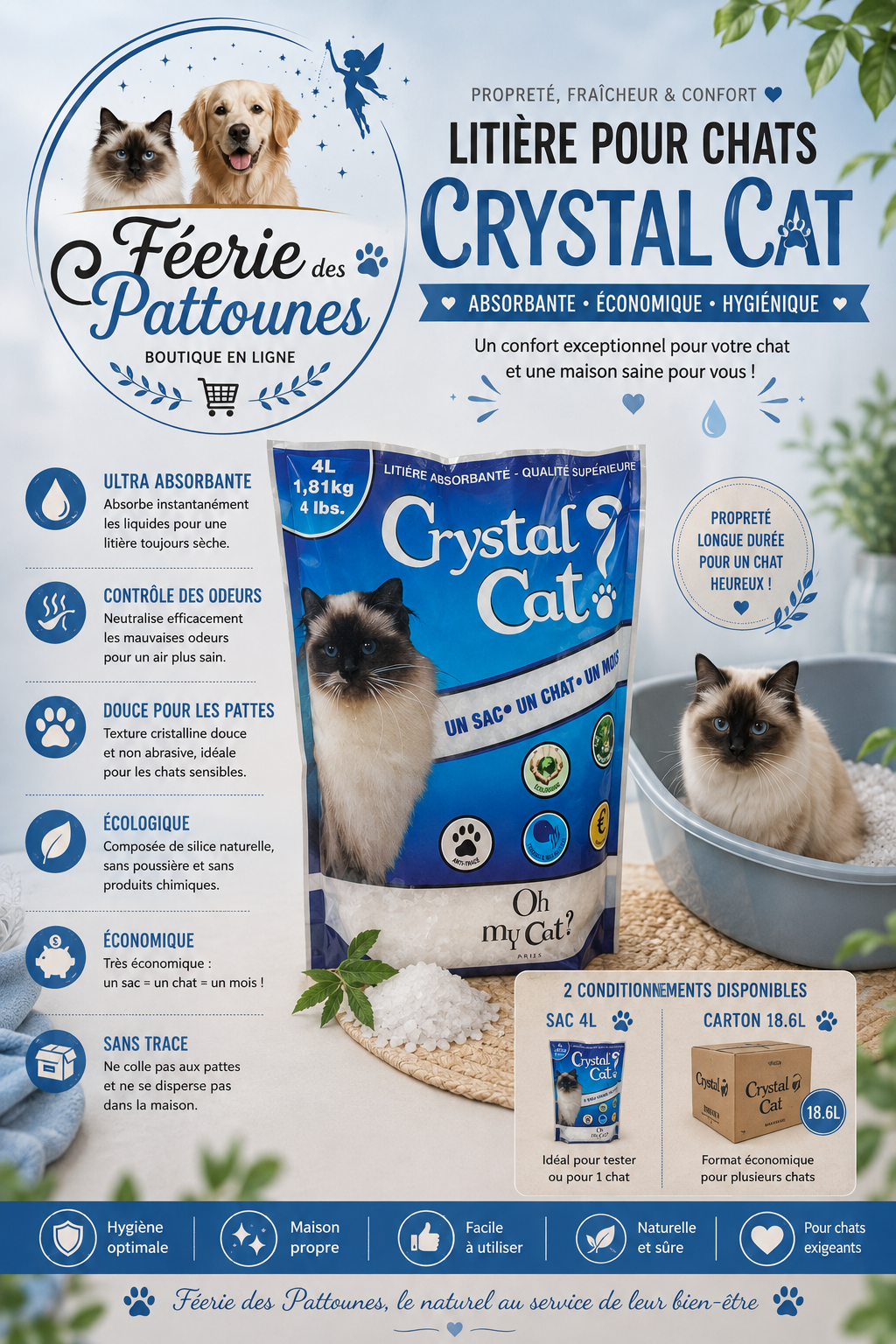 ✨ Litière Crystal Cat – Cristaux Ultra‑Absorbants & Anti‑Odeurs (4 L • 18,6 L)