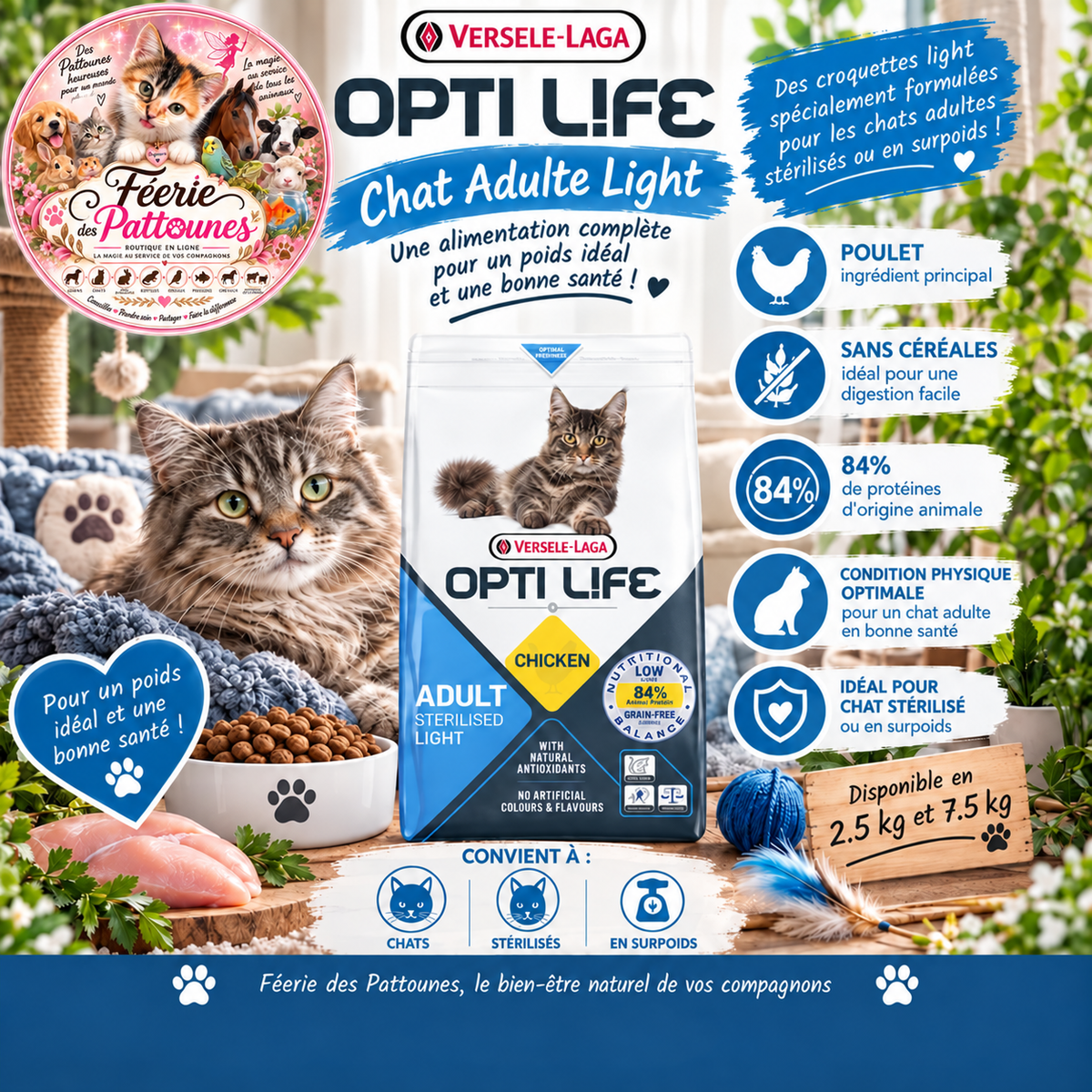 🐱⚖️ Opti Life – Chat Adulte Light / Stérilisé – Poulet – 2.5 kg & 7.5 kg