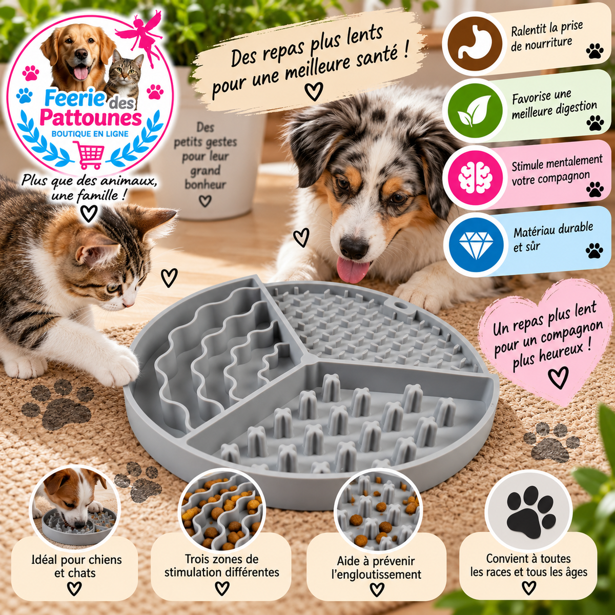 🐾 Bol anti-glouton Duvoplus Triple gris – 20,5 × 20,5 × 2,5 cm