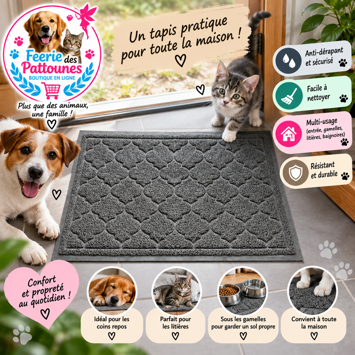 🐾 Tapis PVC Multi-usage gris – 90 × 60 cm