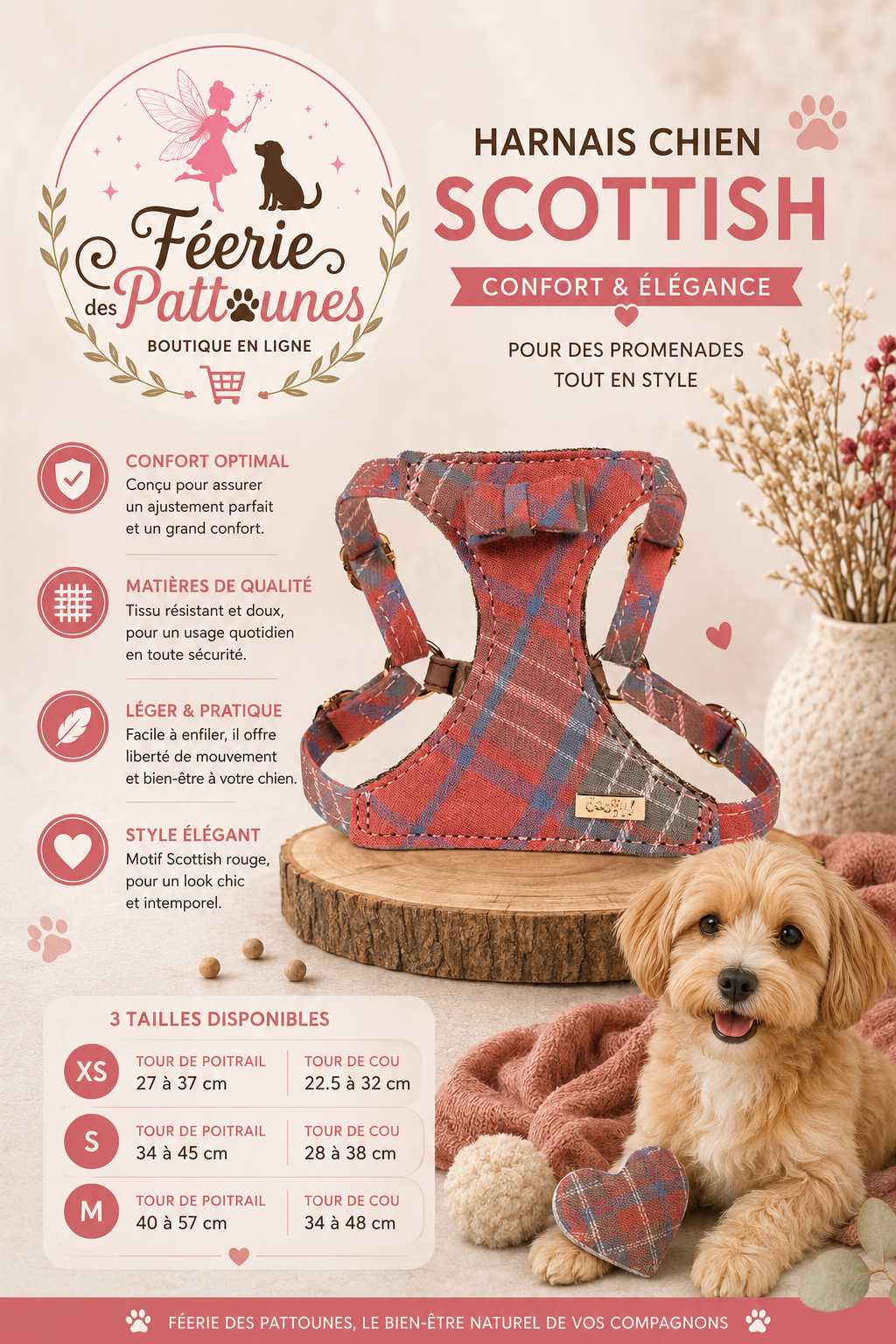 ❤️🏴🐶 Harnais Scottish – Rouge (Tailles XS • S • M)