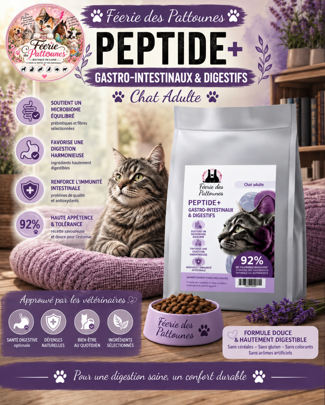 🐱 Croquettes Peptide+ – Soins Gastro‑Intestinaux & Digestifs – Chat Adulte (1,5 kg • 5 kg)