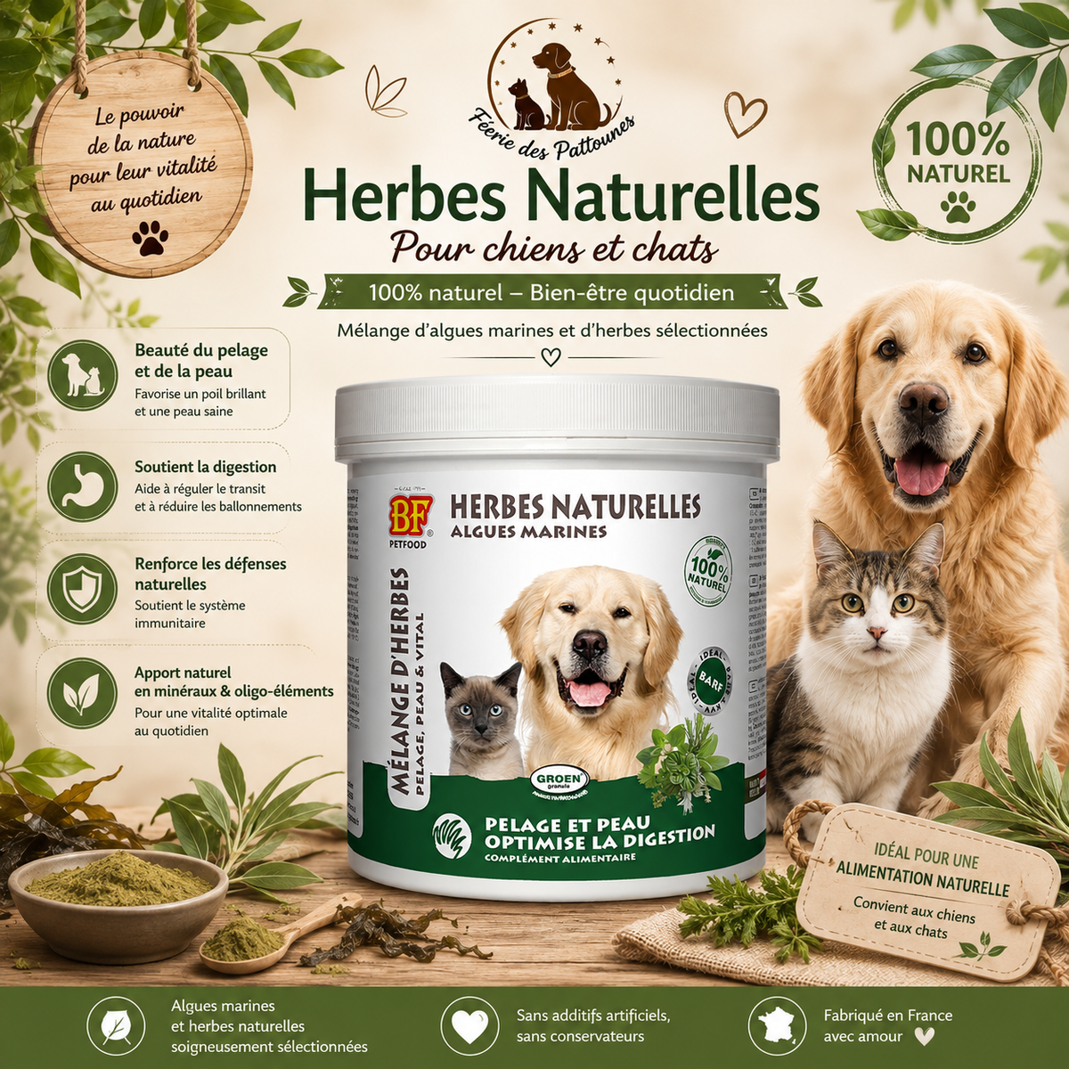 🌿 Herbes Naturelles – Mélange Végétal & Algues pour Chien & Chat (450 g)