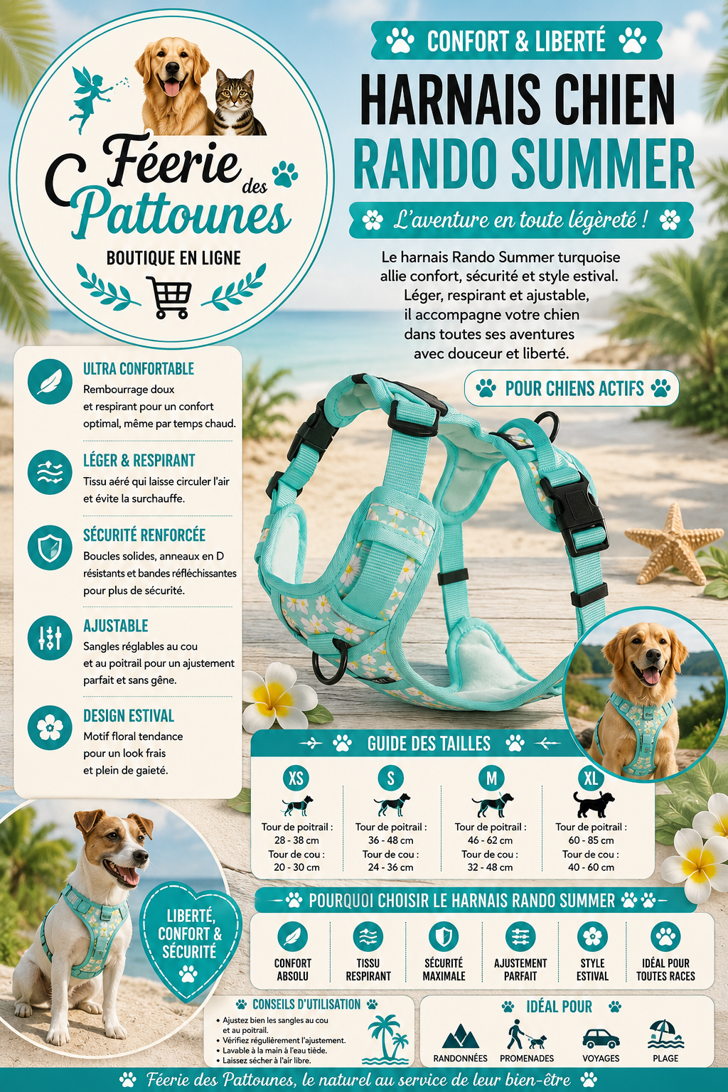 🐶 Harnais Rando Summer – Turquoise (Tailles XS • S • M • XL)
