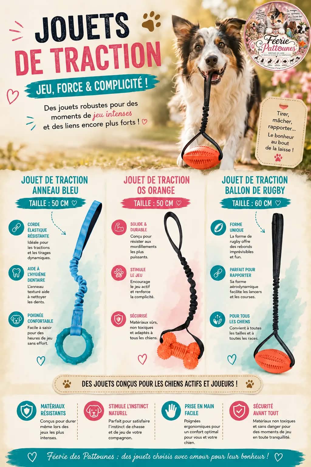🐶 Jouet de Traction – Poignée Élastique Anti‑Choc (3 Modèles)
