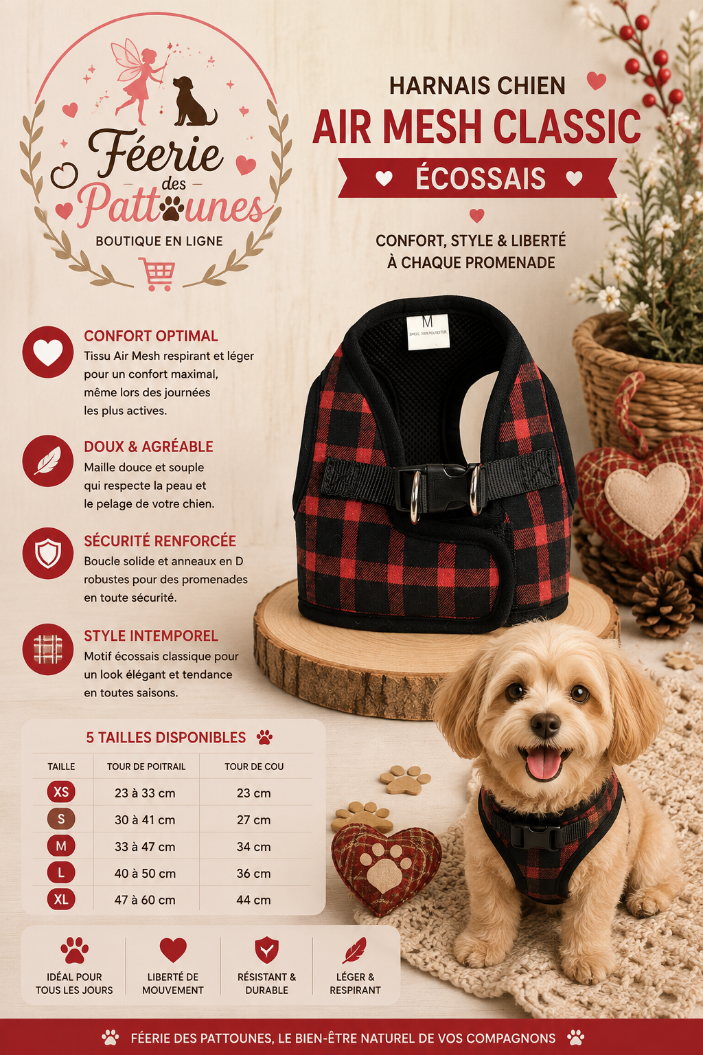 🐶🏴 Harnais Air Mesh Classic – Écossais (Tailles XS • S • M • L • XL)