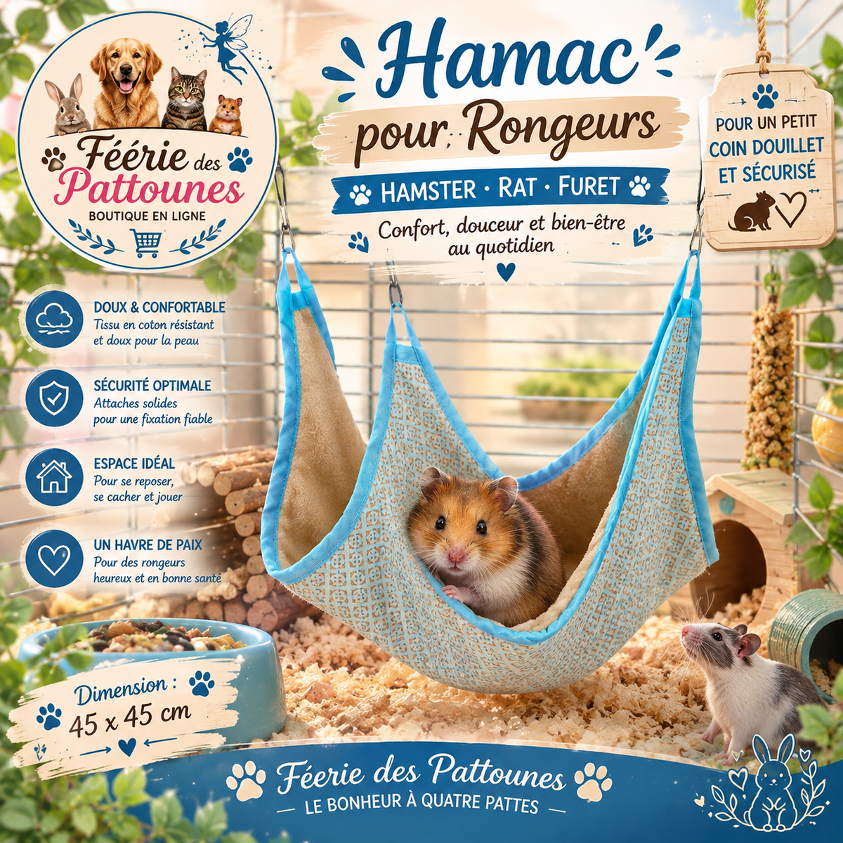 🛏️🐾 Kerbl – Hamac pour Rongeurs (Hamster / Rat / Furet), Bleu/Beige – 45 × 45 cm