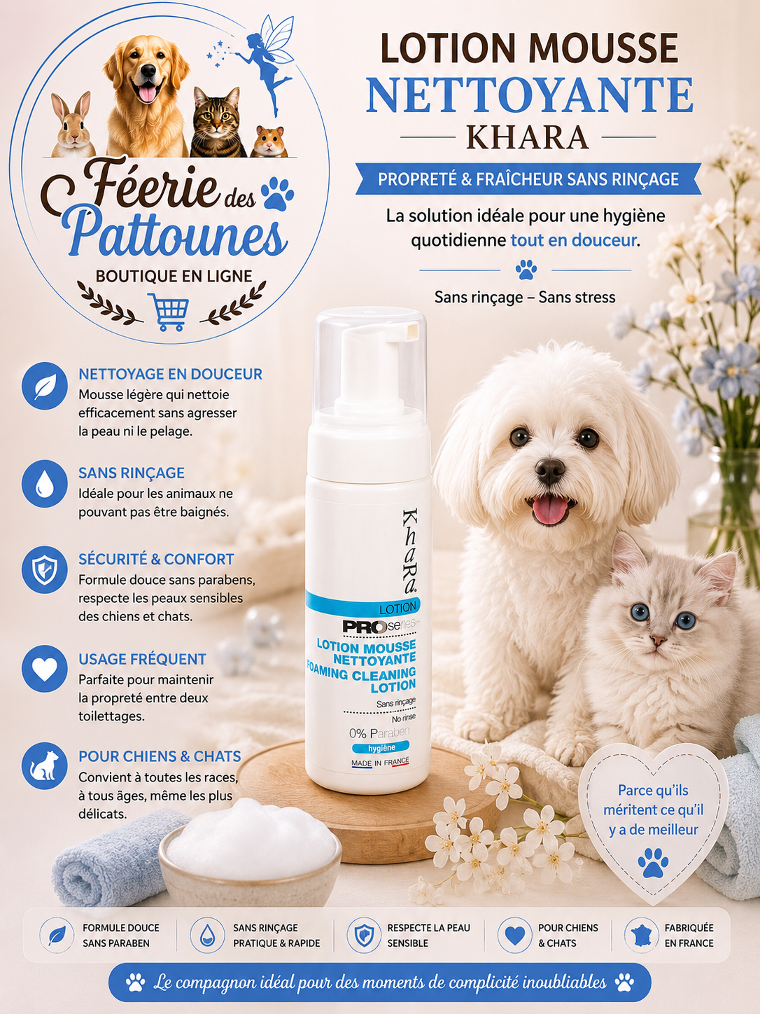 🌿🐶 Mousse Nettoyante Sans Rinçage – Khara (150 ml)