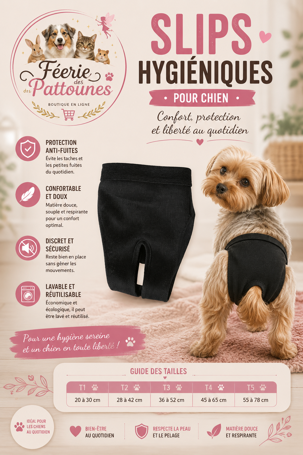 🖤 Slip Hygiénique pour Chien – Tour de Ventre Ajustable (Noir • 5 tailles)