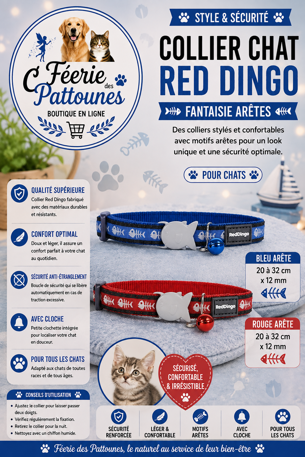 🐟🐾 Collier Red Dingo Fantaisie – Arêtes (20 à 32 cm × 12 mm)
