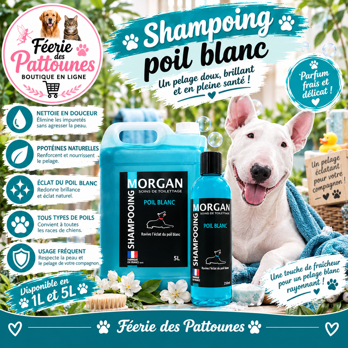 🐾🤍 Shampoing Morgan – Poil Blanc (1 L • 5 L)