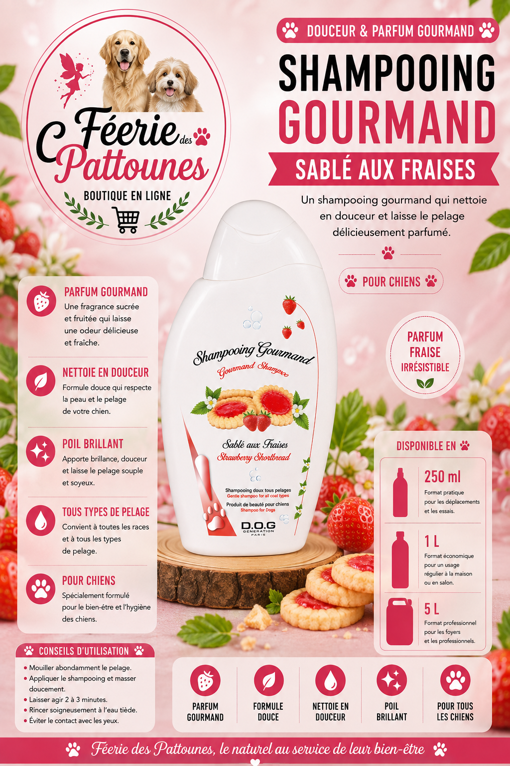 🍓✨ Shampooing Gourmand Sablé aux Fraises – Dog Génération (250 ml • 1 L • 5 L)