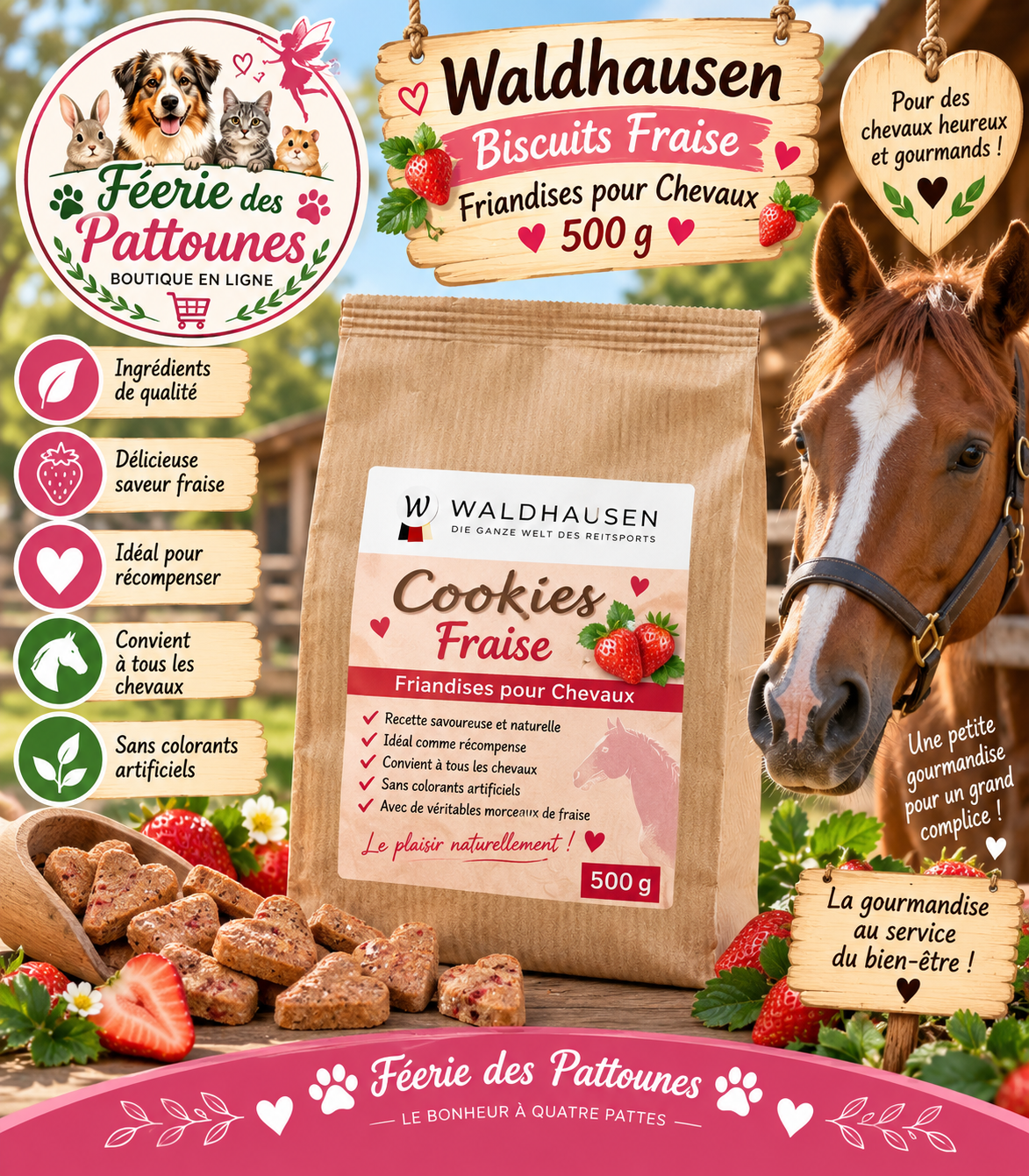 🍓🐴 Waldhausen – Biscuits Fraise pour Chevaux (500 g)