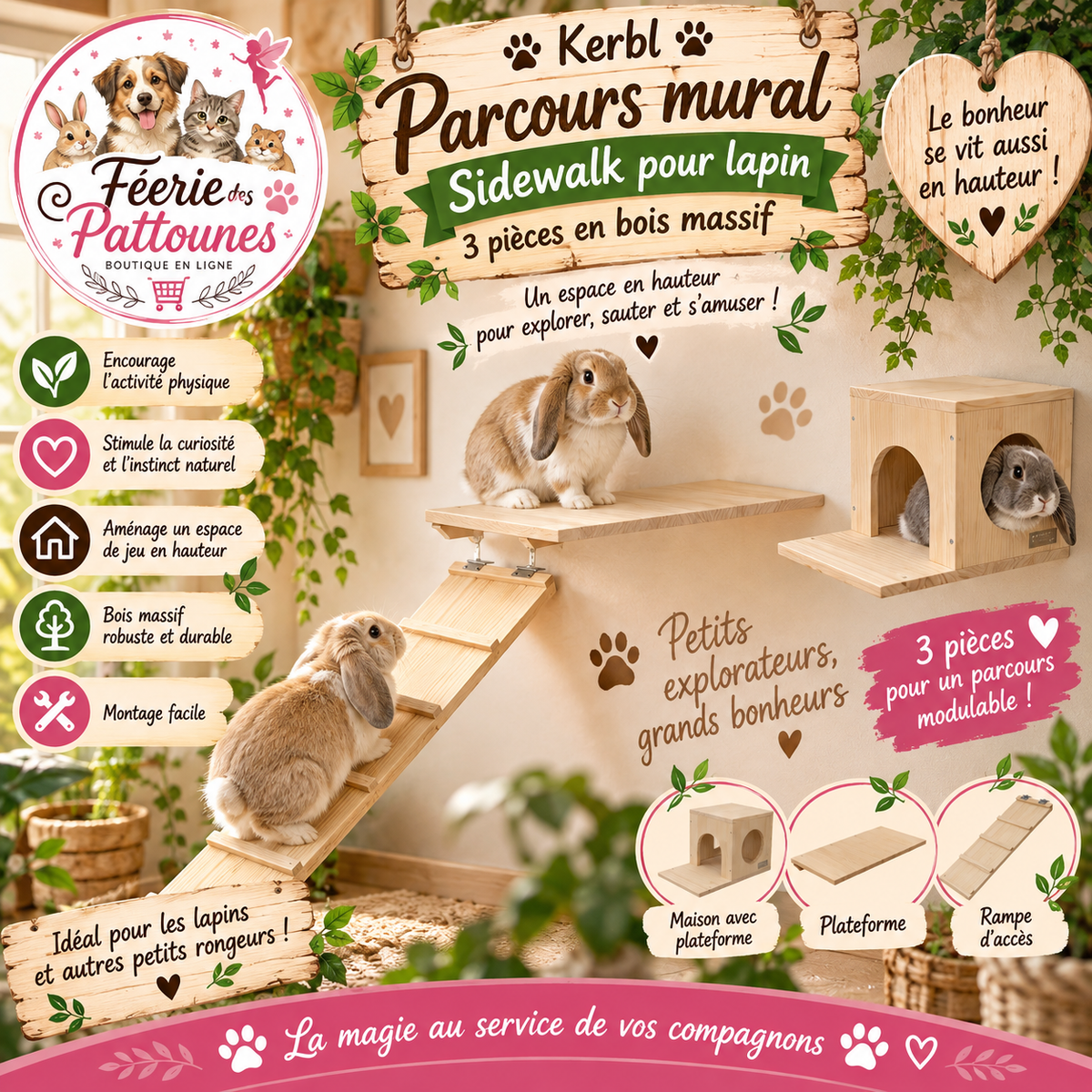 🪵🐇 Kerbl – Parcours Mural Sidewalk pour Lapin (3 pièces en bois massif)