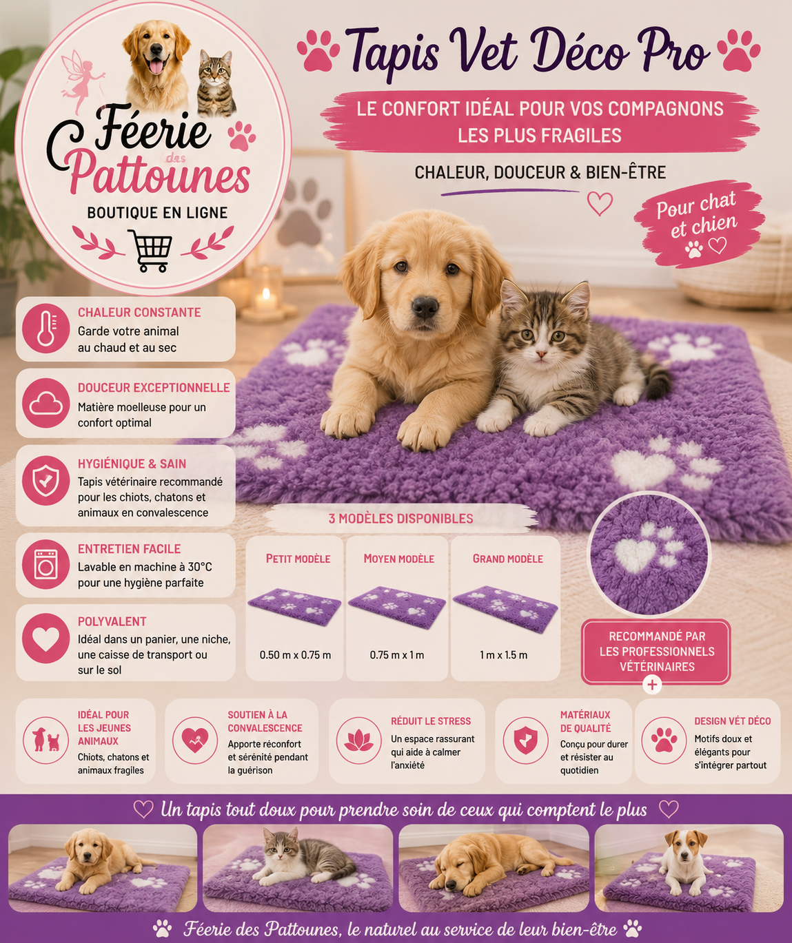 💜🐾 Tapis Vet Déco Pro – Violet Patte Grise (3 tailles)