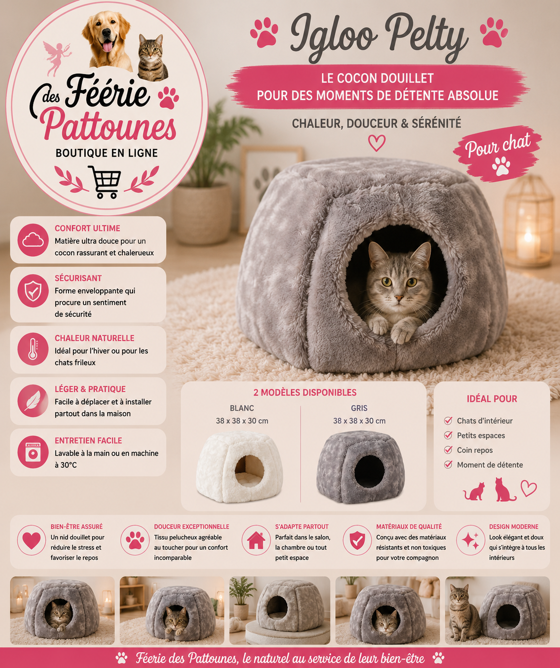 🤍🐱 Igloo Pour Chat Pelty – 2 en 1 (Blanc ou Gris • 38 × 38 × 30 cm)