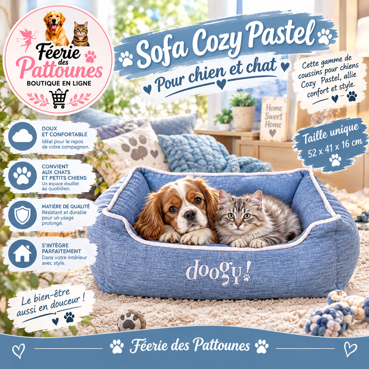 🐾💙 Sofa Cozy Pastel – Bleu – 52 × 41 × 16 cm
