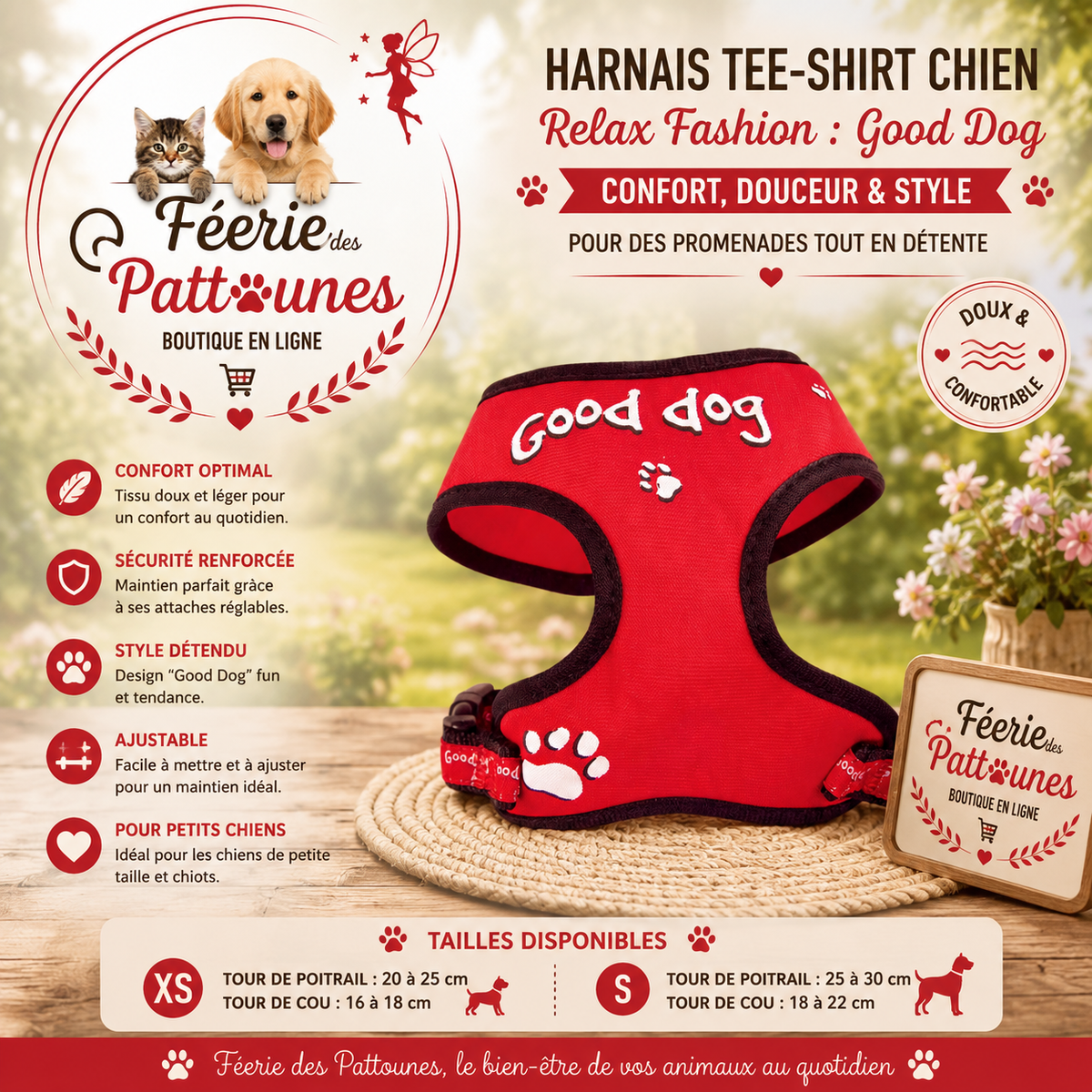 🔴🐶 Harnais Tee‑shirt Relax Fashion – Good Dog Rouge (Tailles XS • S)