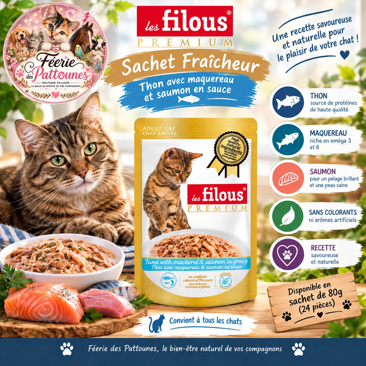 🐱🐟 Sachet Fraîcheur – Thon, Maquereau & Saumon en Sauce – 80 g (x24)