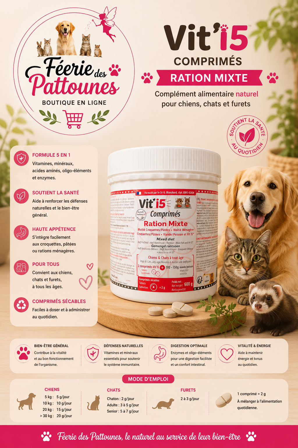 🍖💊 Vit’i5 Rouge – Ration Mixte – Comprimés Chat, Chien & Furet – 600 g