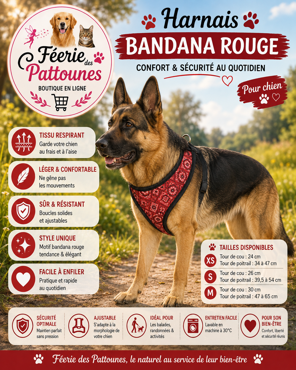 🔴🐶 Harnais Tee‑shirt Bandana – Rouge (Tailles XS • S • M)