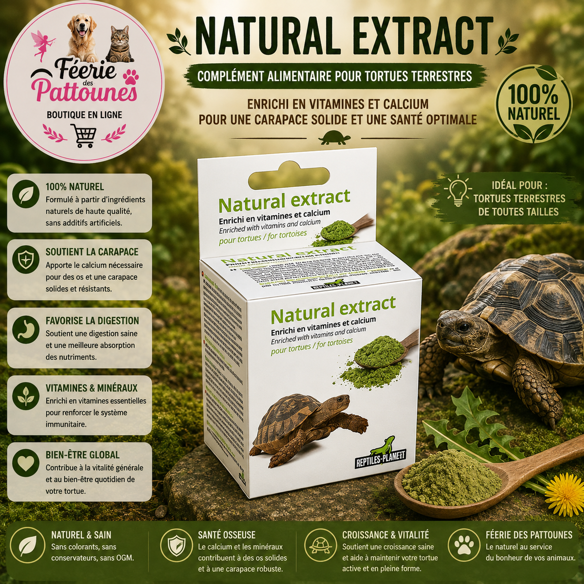 🌿🐢 Natural Extract – Complément Alimentaire pour Tortues Terrestres – 130 g