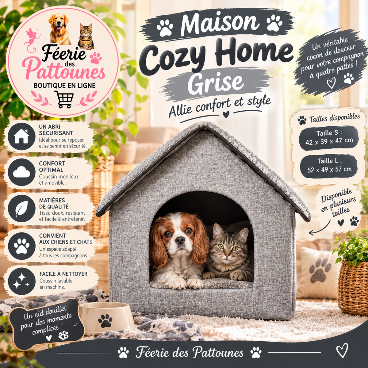 🐾🏠 Maison Cozy Home – Grise (Tailles S & L)