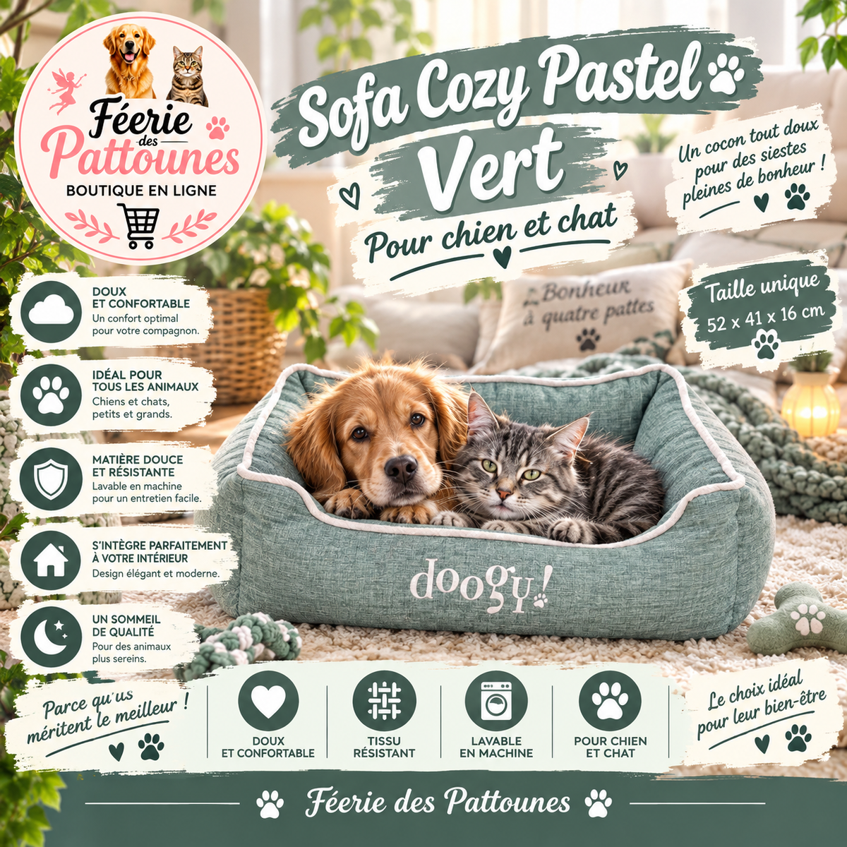 🐾💚 Sofa Cozy Pastel – Vert – 52 × 41 × 16 cm