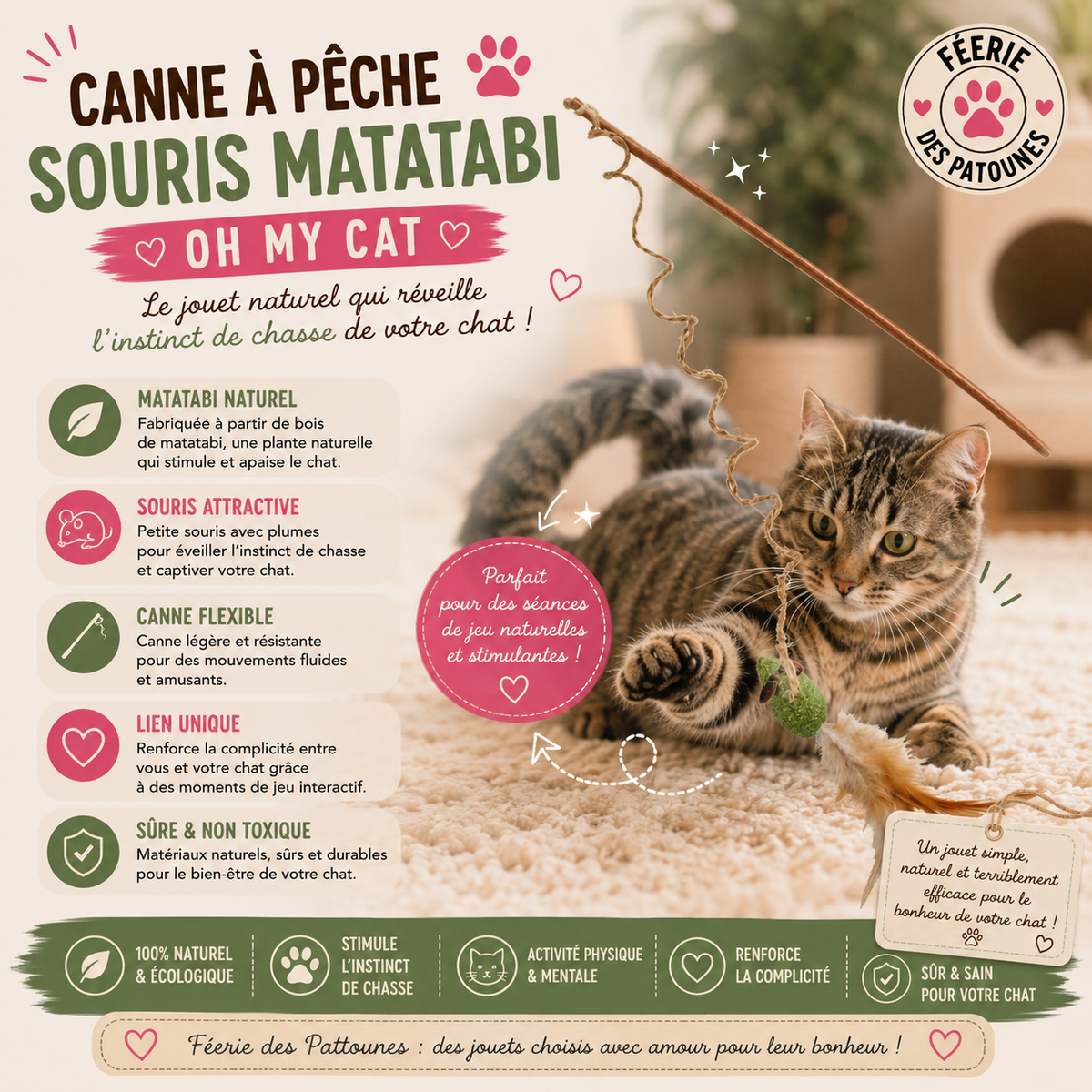🎣 Canne à Pêche Souris Matatabi Oh My Cat – Jeu Interactif & Instinct de Chasse