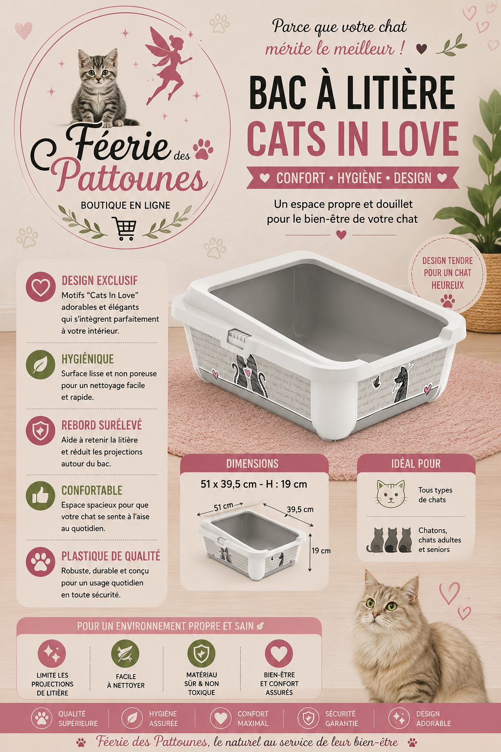 🐱 Bac à Litière “Cats in Love” Moderna – Moderne & Anti‑Projection (51 × 39,5 × 19 cm)