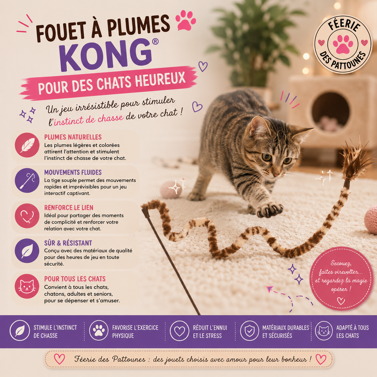 🪶 Fouet à Plumes KONG® – Canne Interactive pour Chat (1m28)