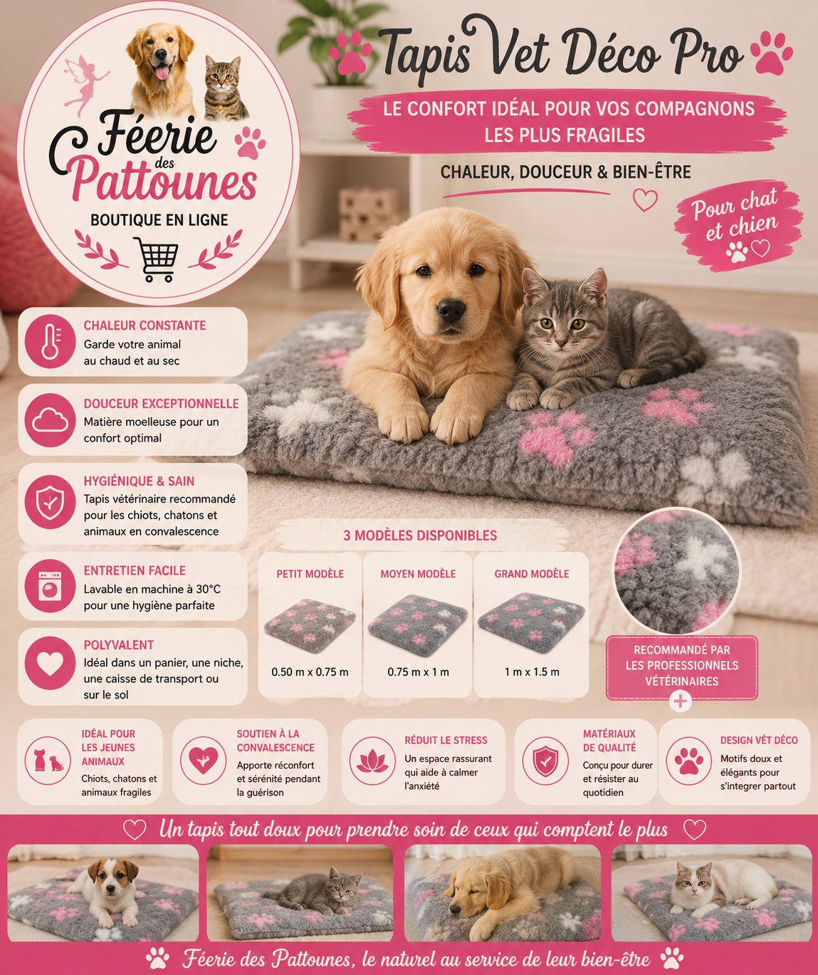 🐾 Tapis Vet Déco Pro – Gris Patte Rose (3 tailles)