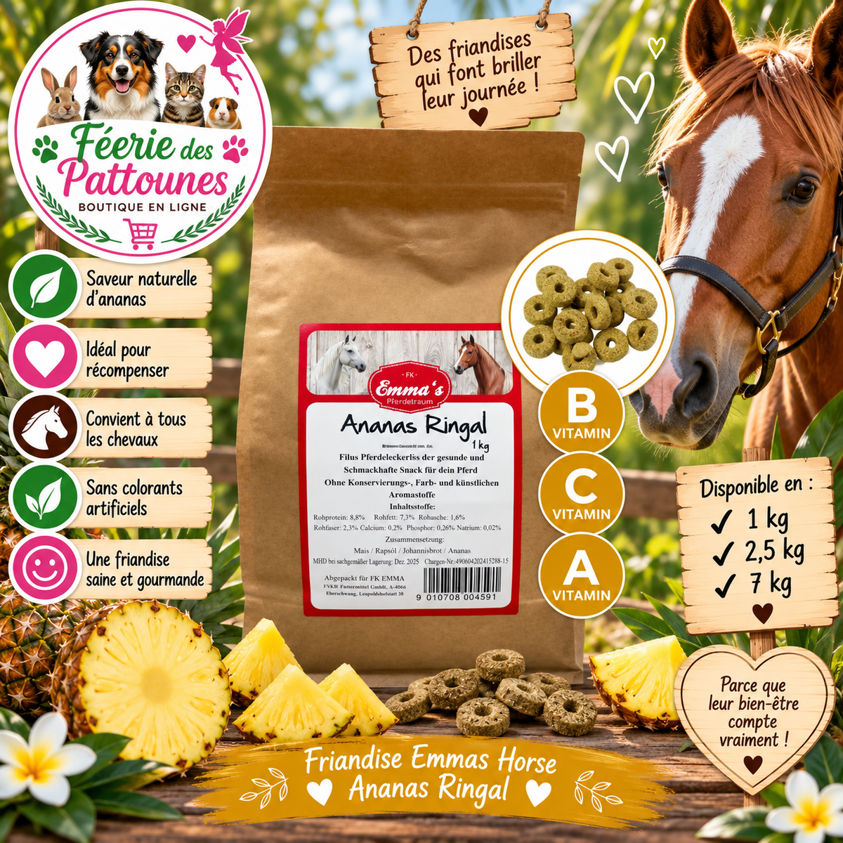 🥥🍍🐴 Emmas Horse – Friandises Ananas Ringal (1 kg • 2,5 kg • 7 kg)