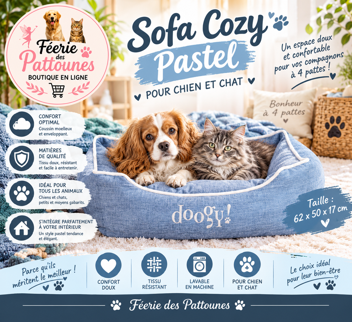 🐾💙 Sofa Cozy Pastel – Bleu – 62 × 50 × 17 cm