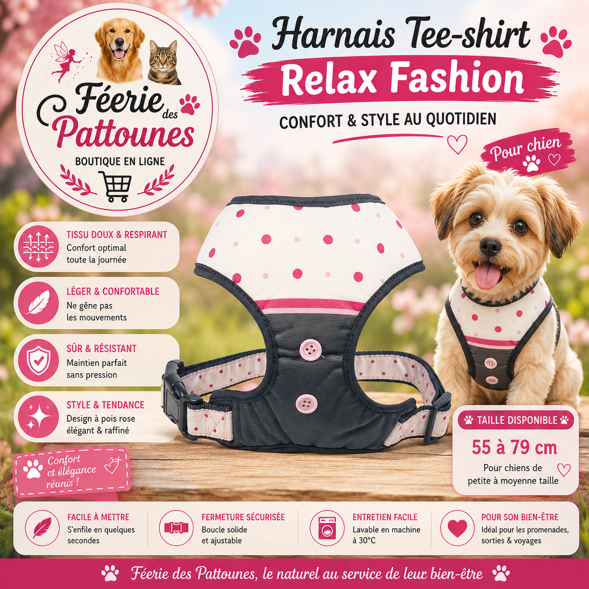 🌸🐶 Harnais Tee‑shirt Relax Fashion – Pois Rose (Taille 55 à 79 cm)