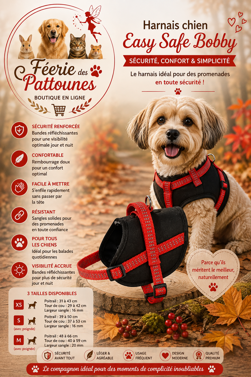 🔴🐶 Harnais Bobby Easy Safe – Rouge (Tailles XS • S • M)