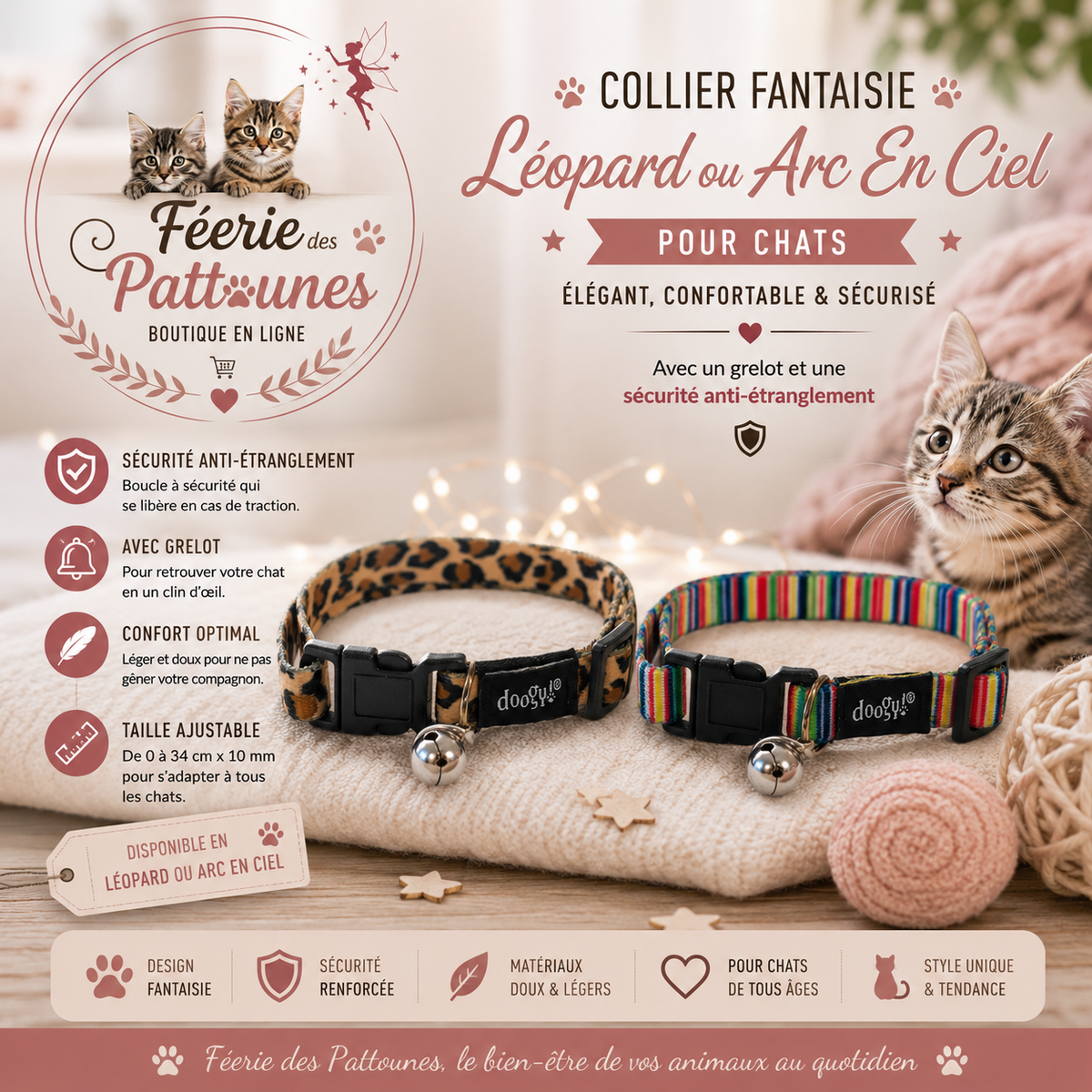🐾🌈 Collier Fantaisie Léopard / Arc‑En‑Ciel – Pour Chat (20 à 34 cm × 10 mm)
