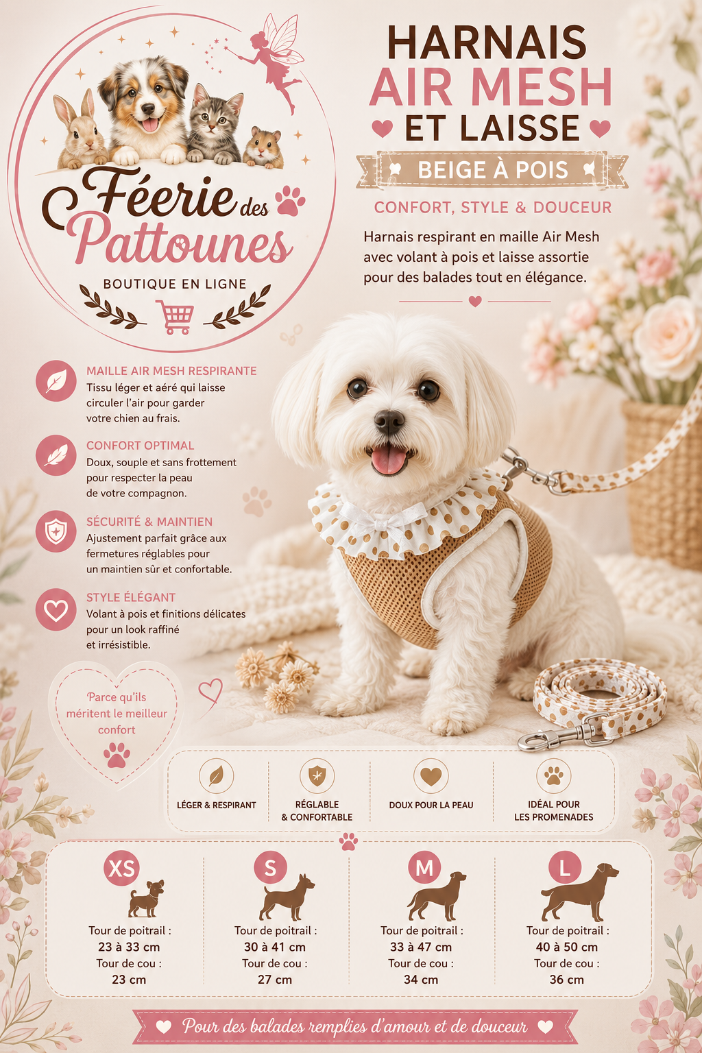 🐶✨ Ensemble Harnais Air Mesh & Laisse Pois – Beige (Tailles XS • S • M • L)