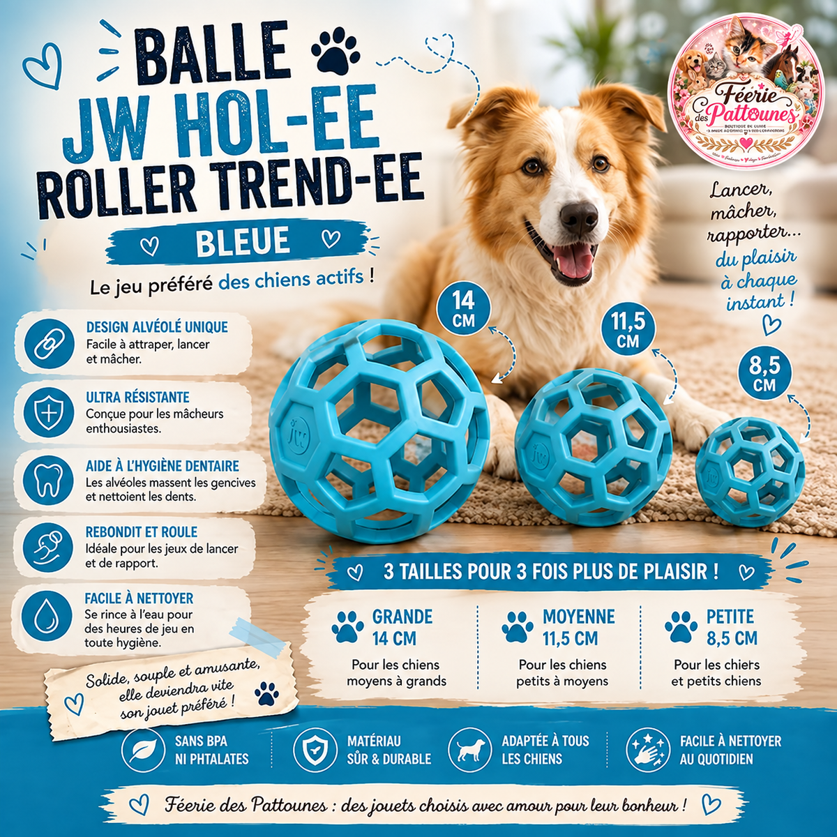 💙 JW Hol‑ee Roller Trend‑ee Bleu – Jouet Polyvalent pour Chien (Tailles 8,5 cm • 11,5 cm • 14 cm)